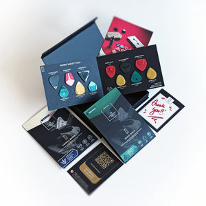 Guitar pick variety gifx box rombopicks with three different plectrum materials for balanced, bright, and warm guitar tones
