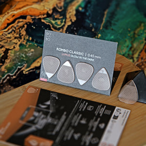 Rombo Classic guitar pick set - material Velvet Touch Lumus - Glow in the dark and warmer tones (3)