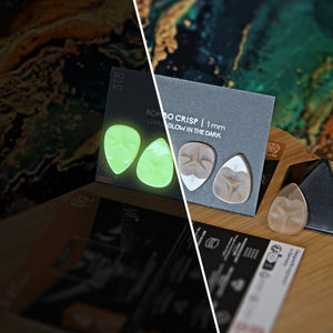 Guitar Pick Set Rombo Crisp (4 Guitar Picks) in the material Velvet Touch Lumus. Warmer tones, glow in the dark, and hand-polished in Germany.