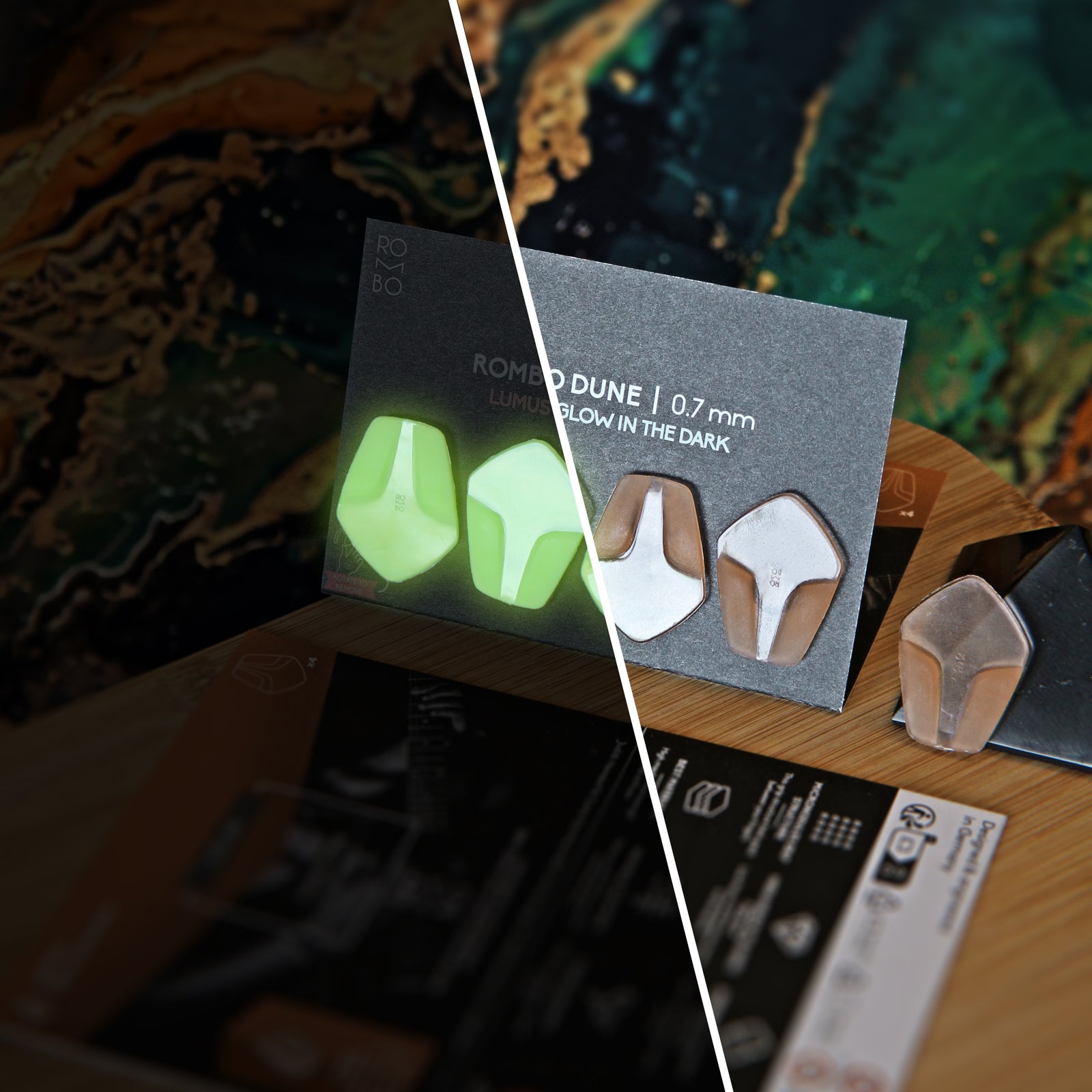 Rombo Dune guitar pick set - material Velvet Touch Lumus - Glow in the dark and warmer tones