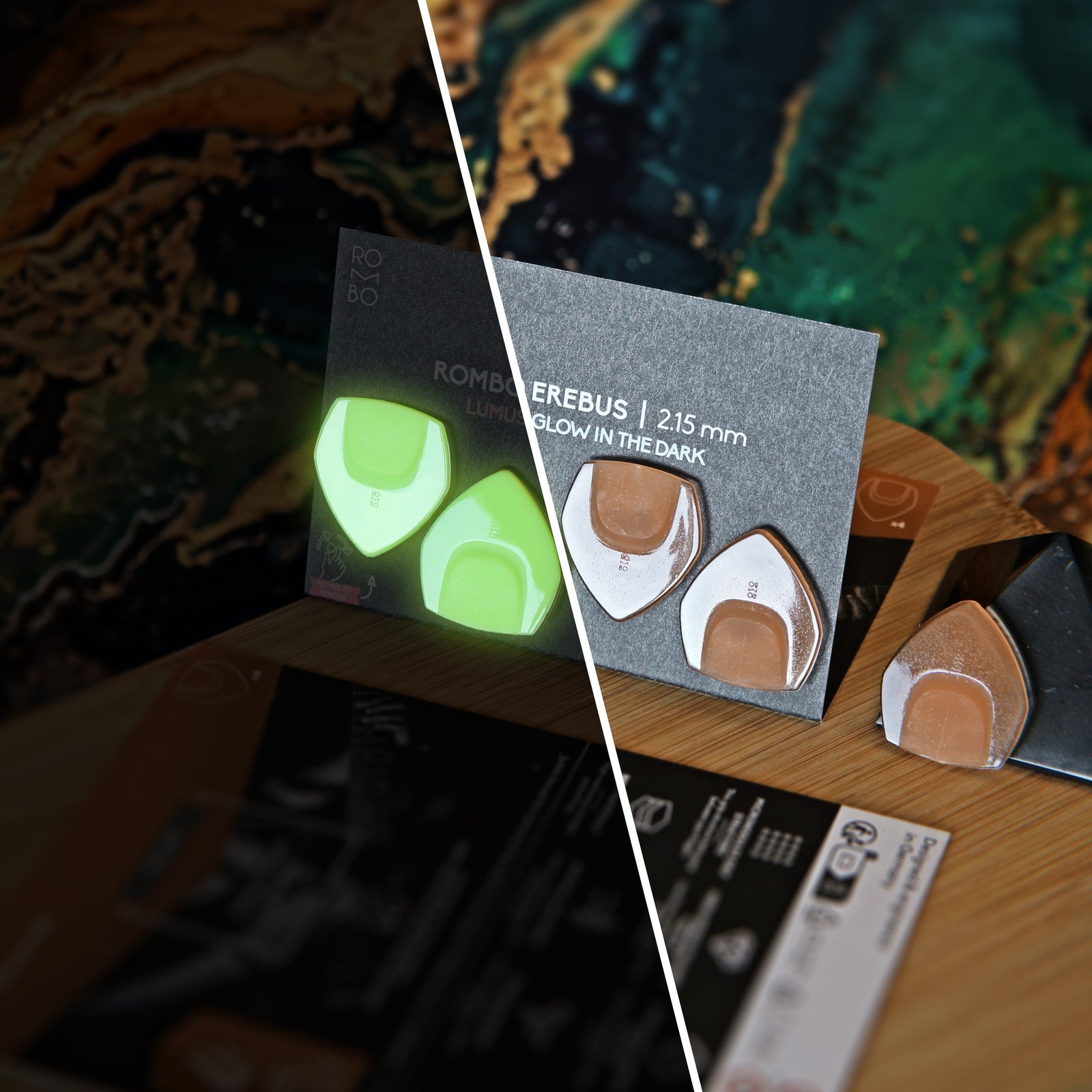 Guitar Pick Set Rombo Erebus (4 Guitar Picks) in the material Velvet Touch Lumus. Warmer tones, glow in the dark, and hand-polished in Germany.