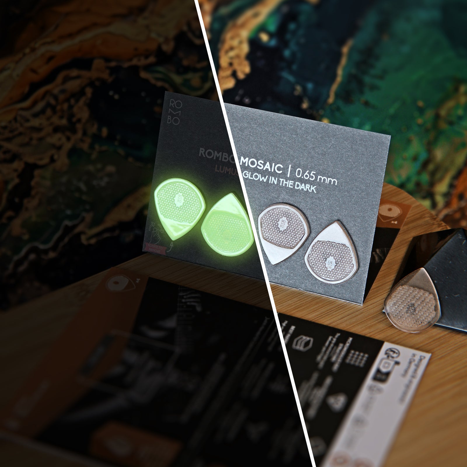 Rombo Mosaic  guitar pick set - material Velvet Touch Lumus - Glow in the dark and warmer tones