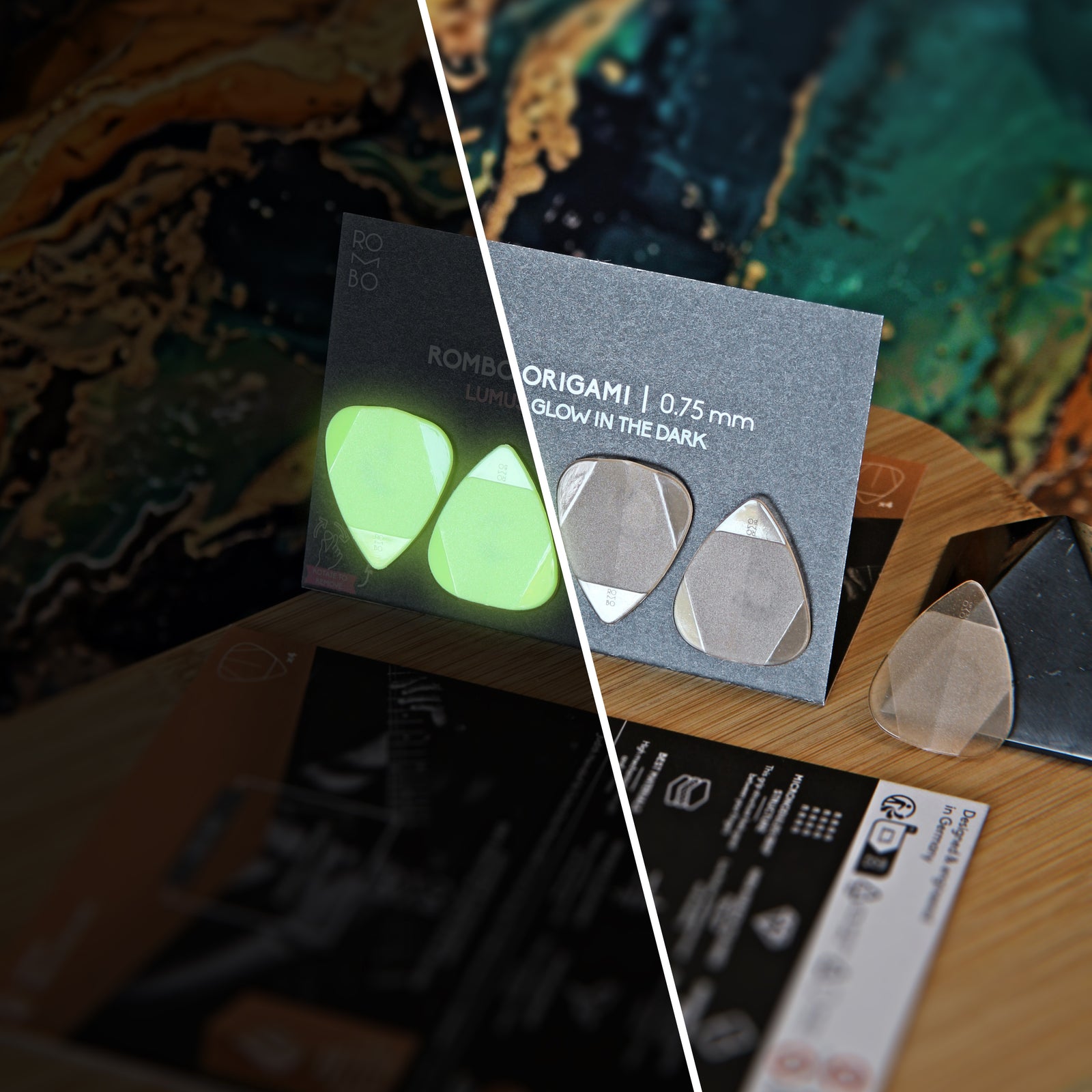 Rombo Origami guitar pick set - material Velvet Touch Lumus - Glow in the dark and warmer tones