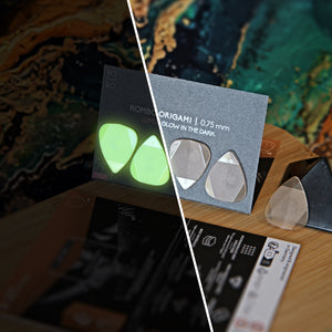 Rombo Origami guitar pick set - material Velvet Touch Lumus - Glow in the dark and warmer tones