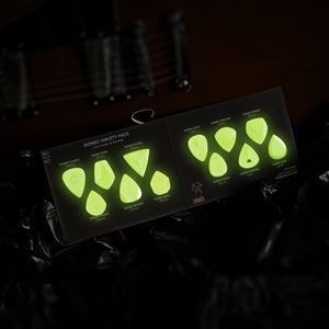 Guitar Pick Set Variety Pack Rombo (4 Guitar Picks) in the material Velvet Touch Lumus. Warmer tones, glow in the dark, and hand-polished in Germany.