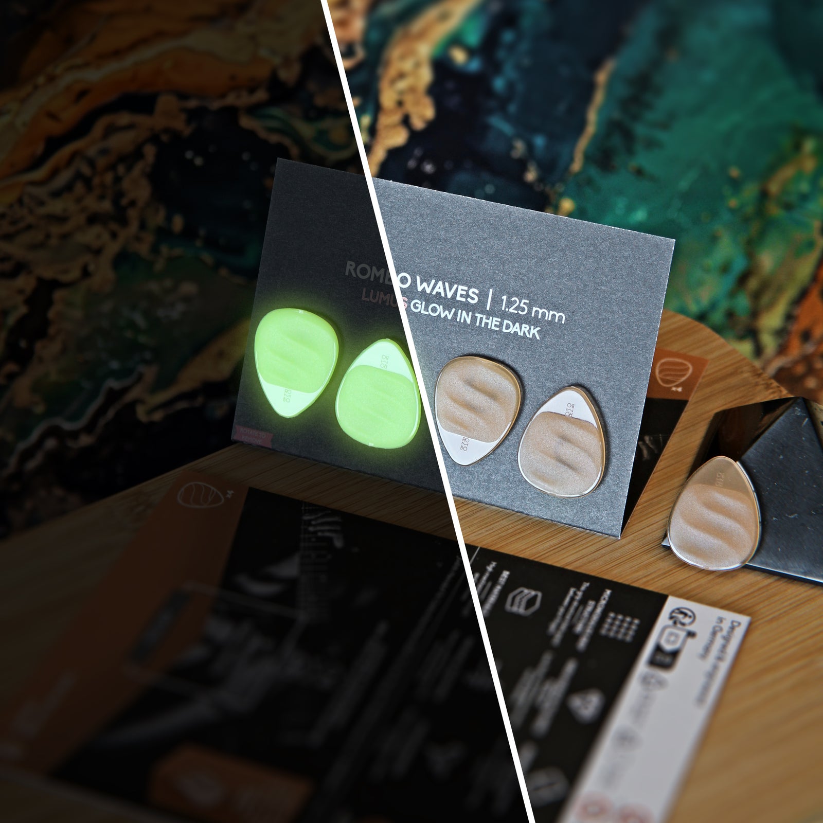 Guitar Pick Set Variety Pack Rombo (12 Guitar Picks) in the material Velvet Touch Lumus. Warmer tones, glow in the dark, and hand-polished in Germany.
