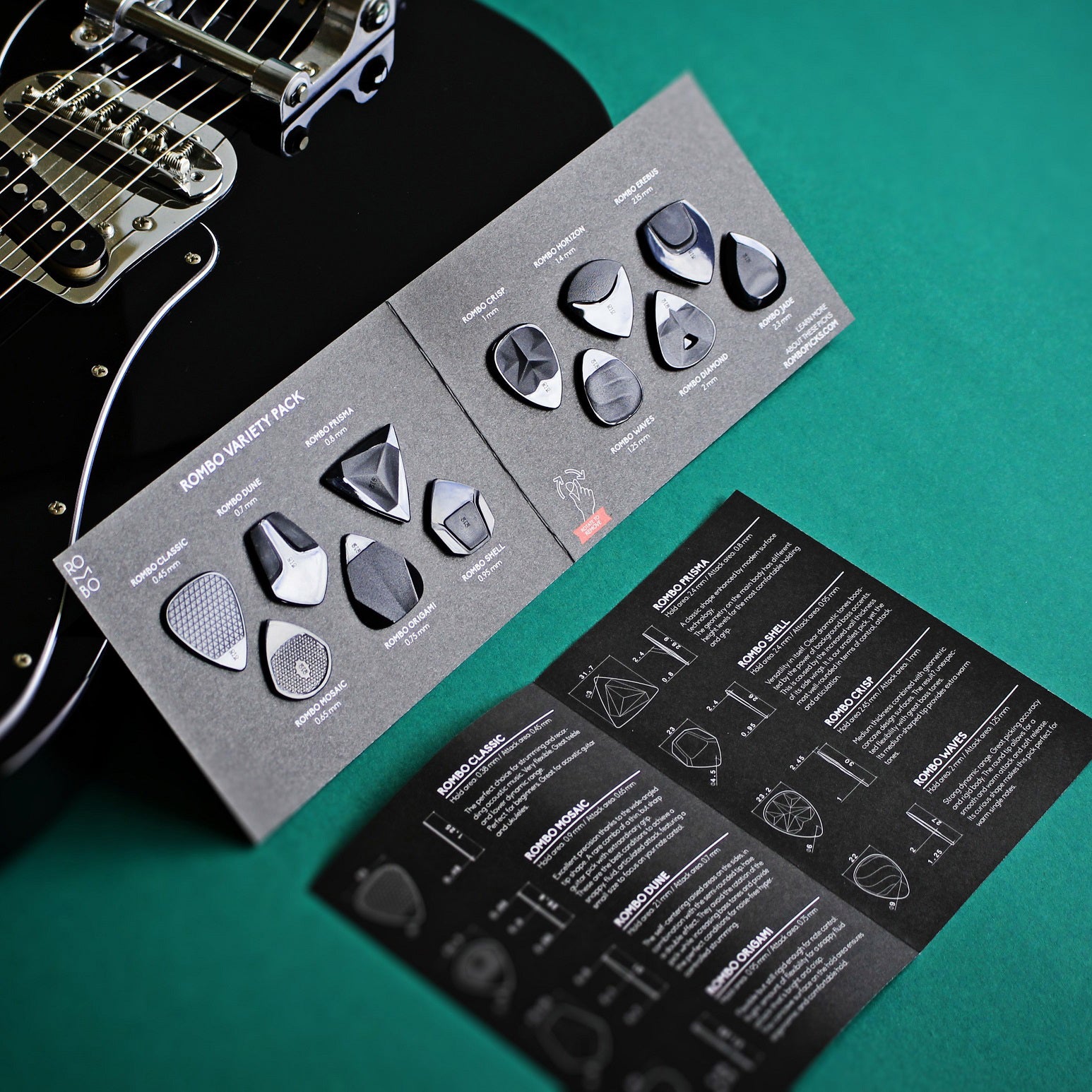 guitar-pick-variety-pack-mix-rombopicks-different-thickness-color deep black-warm tones mellow
